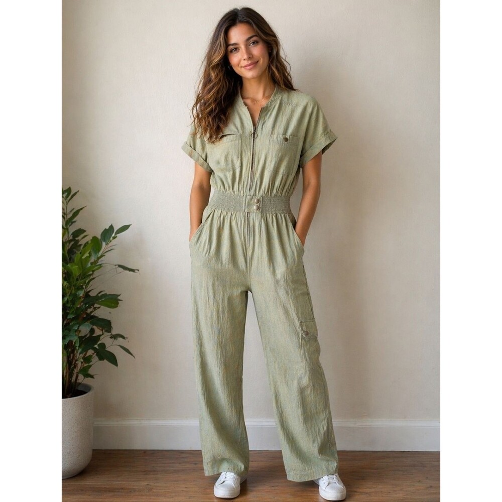 Urban Outfitters Cargo Jumpsuit Green Linen Blend Sz XS Casual Beach